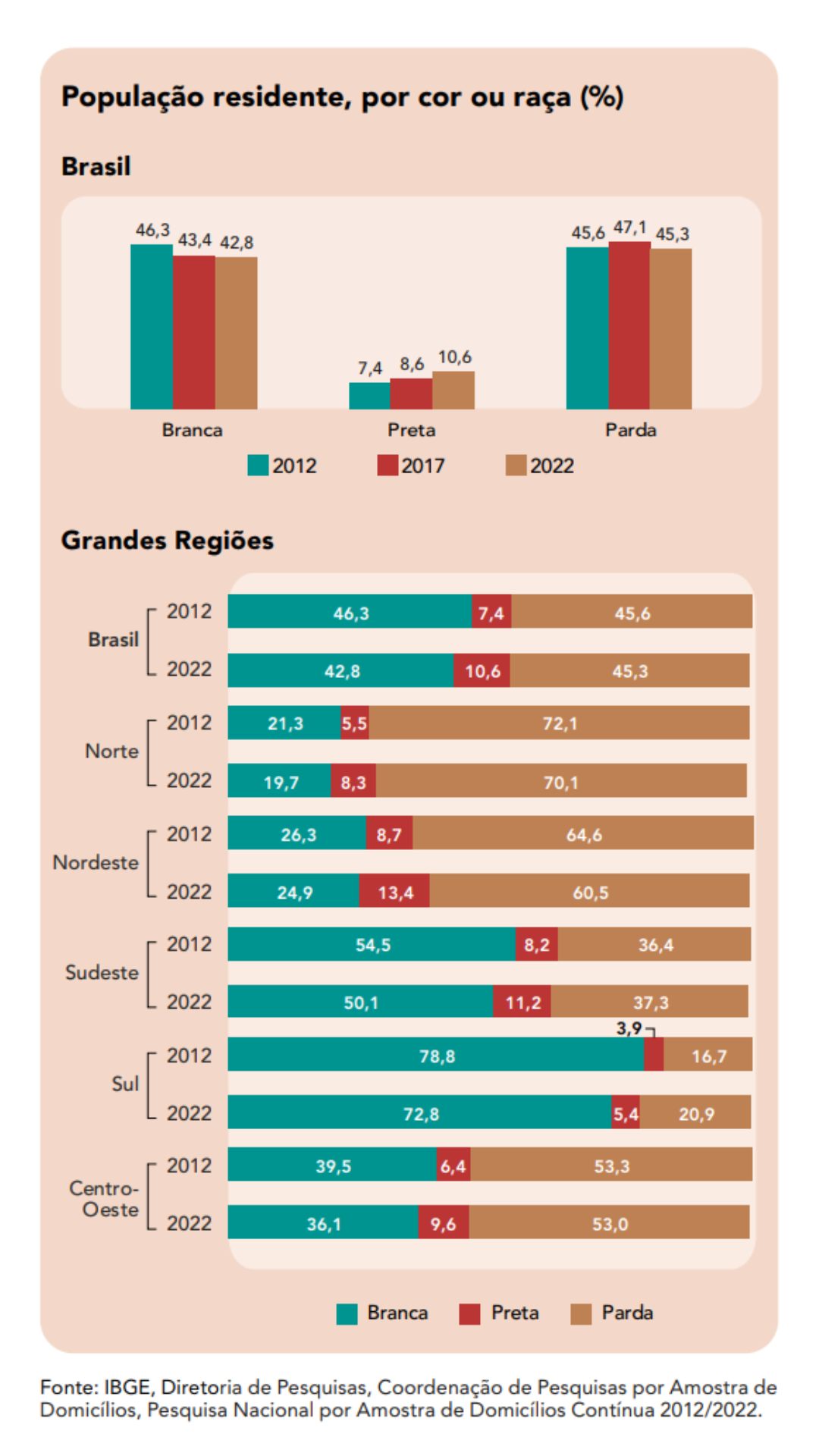 Infográfico pelo IBGE, mostrando as porcentagens da população por cor/raça no Brasil.