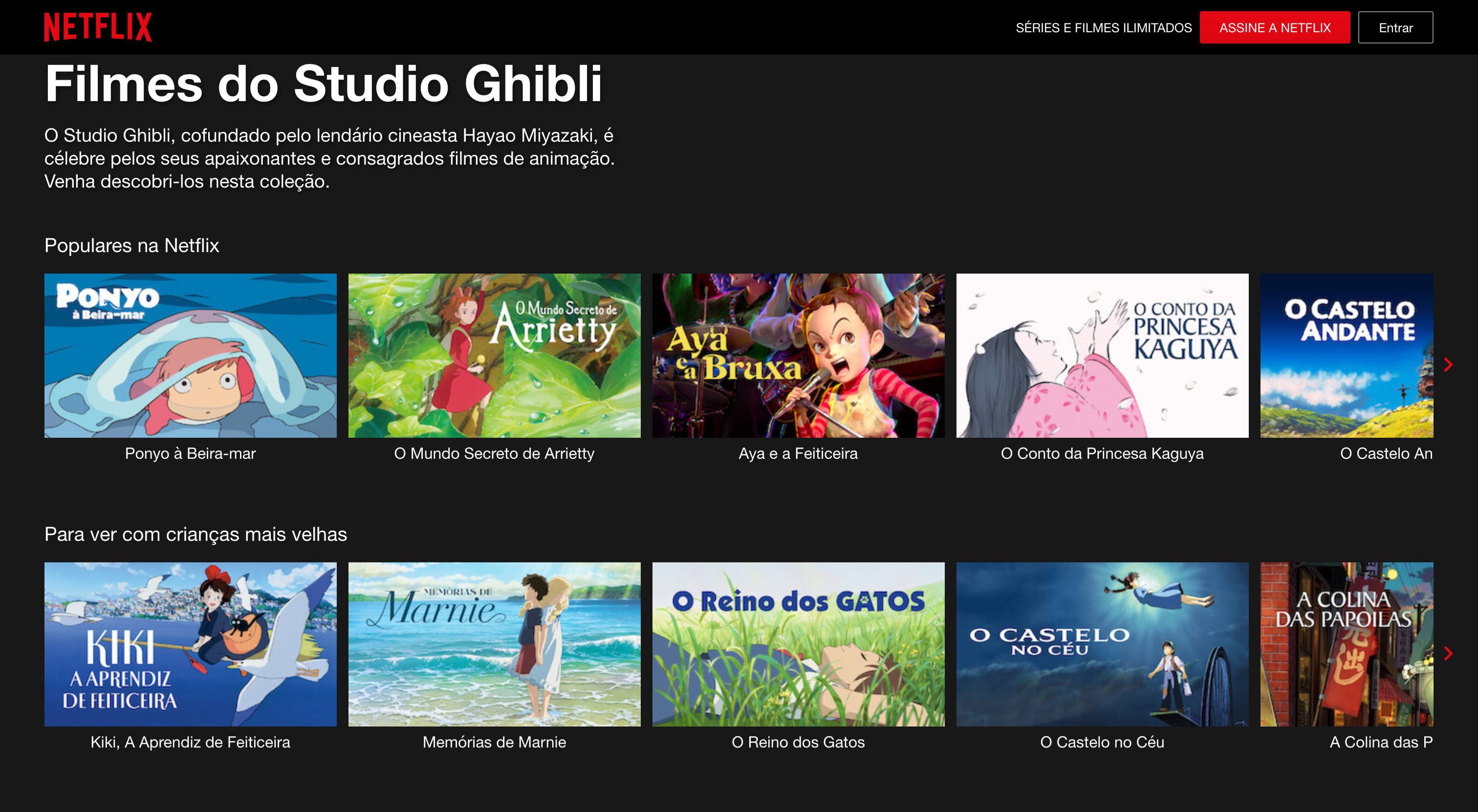 Página da Netflix com filmes do Studio Ghibli